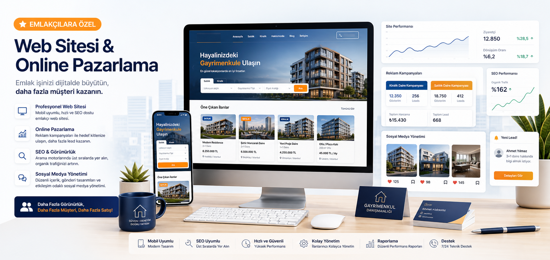 Emlakçılara Özel Web Sitesi & Online Pazarlama — profesyonel emlak web sitesi, reklam, SEO ve sosyal medya yönetimi